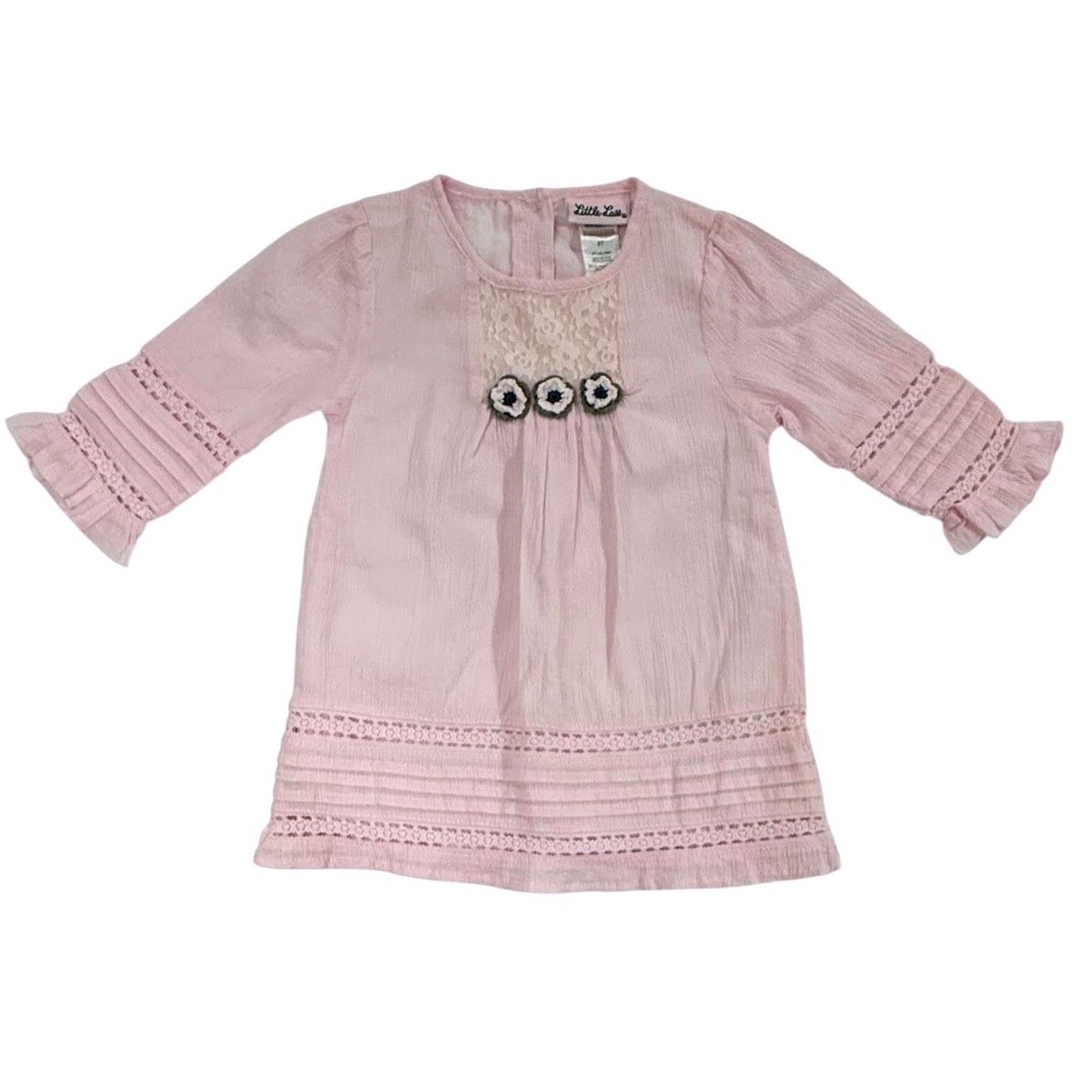 Little Lass Pink Cotton Gauze Lace Crochet Flower Tunic Top Kids 4T LL72065